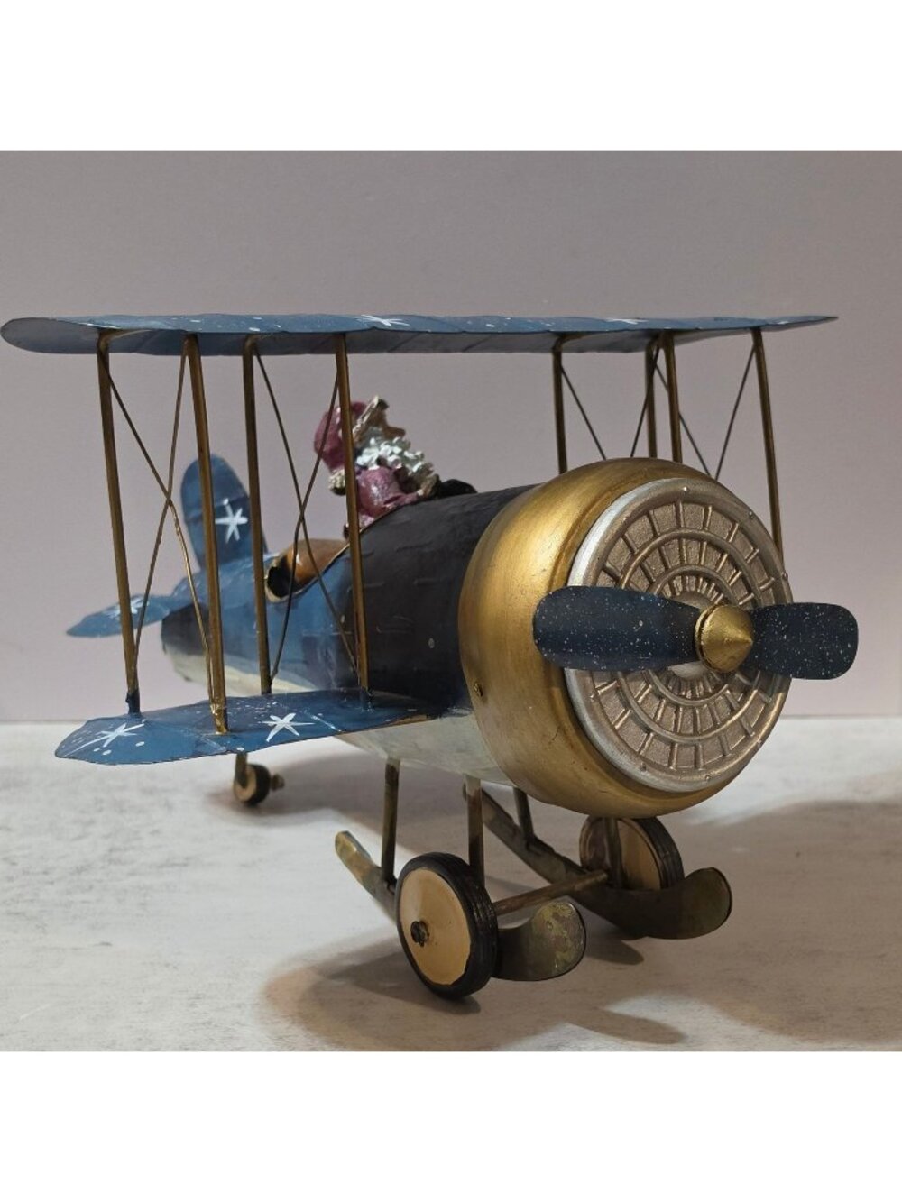 Vintage Christmas Santa Biplane Figurine Metal Tin Airplane Home Interiors Style